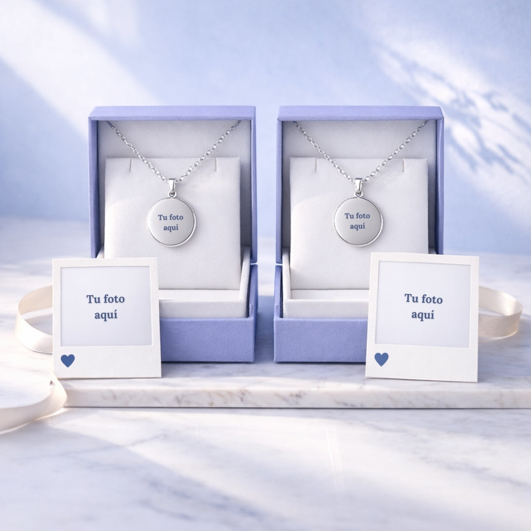 Pack 2 Collares Grabados + 2 Fotos Impresas + 2 Cajitas de Joya Gratis 🌟 | Historia Compartida 🫂