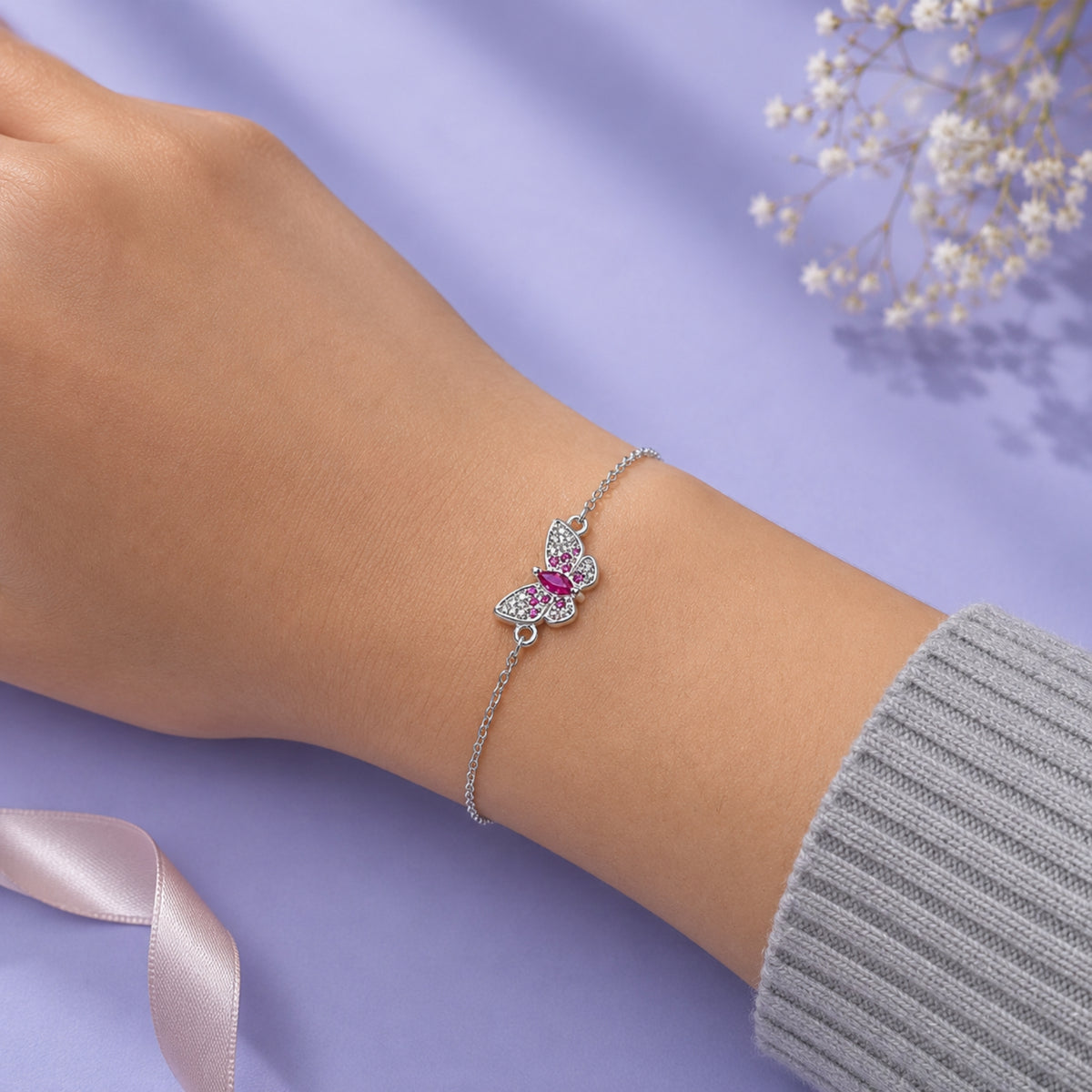 Pulsera Gran Mariposa con Circonita Magenta Plata 925