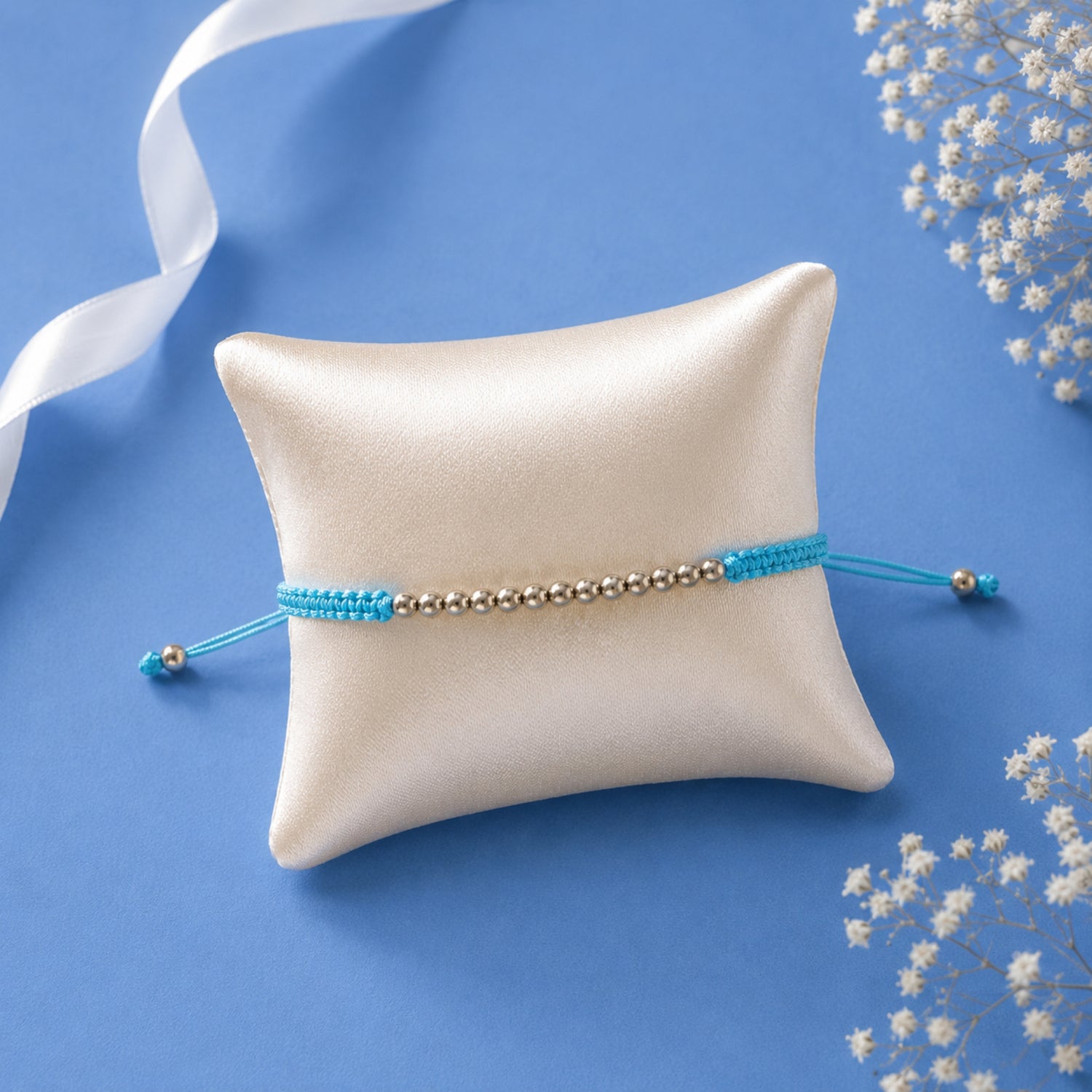 Pulsera Hilo Celeste Bolitas Plata 925