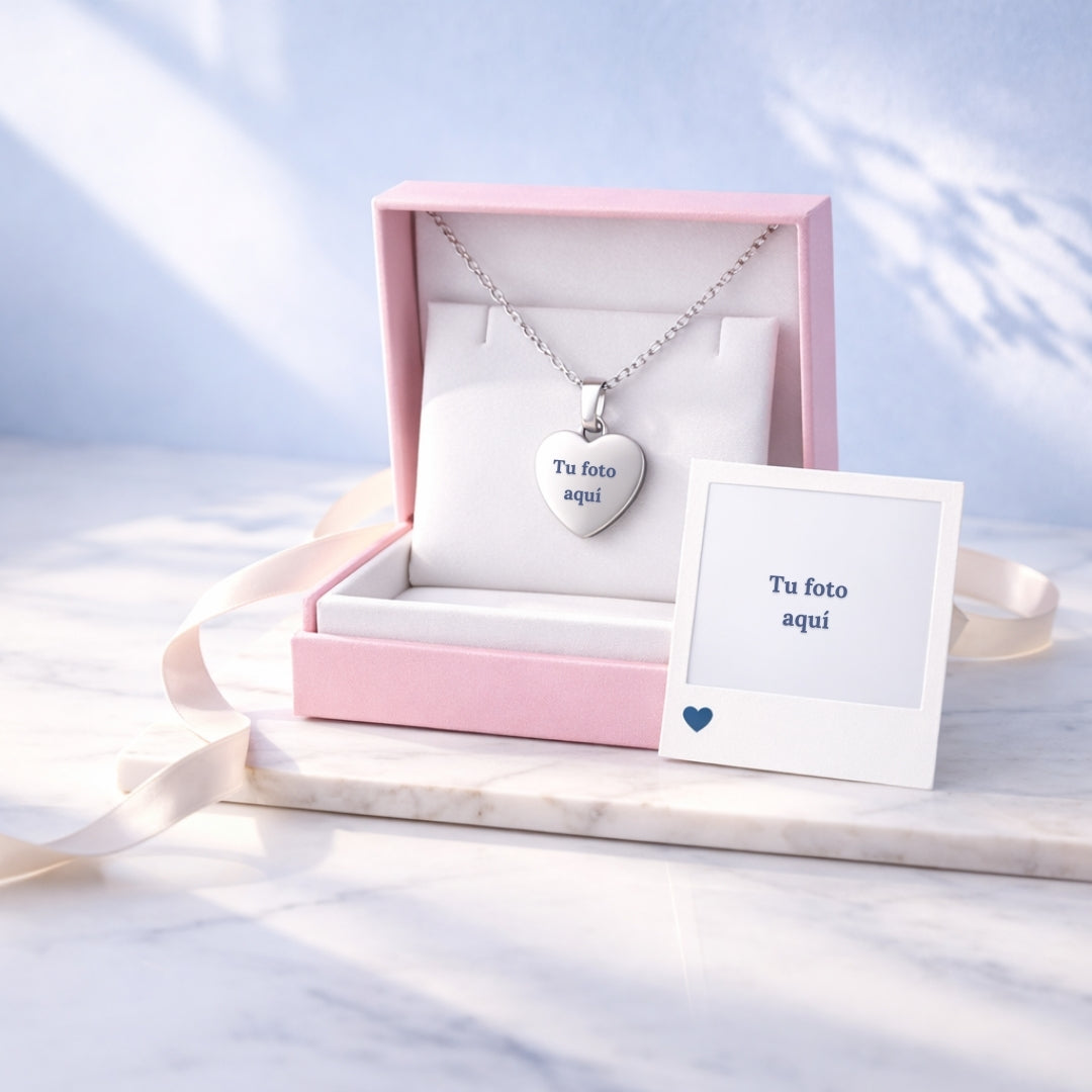 Collar Personalizado Corazón Plateado 25mm + Foto y Cajita Gratis 🌟