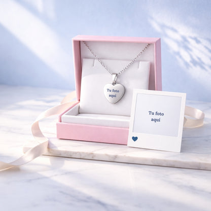 Collar Personalizado Corazón Plateado 25mm + Foto y Cajita Gratis 🌟